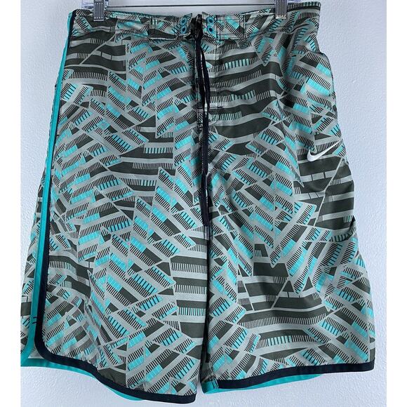 Mens Nike Sz M Swim Trunk Shorts Aqua Gray Print Pockets Tie Front - Picture 1 of 12